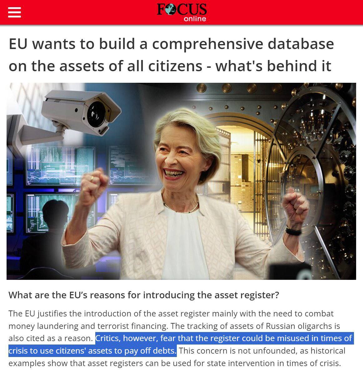 Read more about the article “The EU wants to create a comprehensive database of assets belonging to all citizens of EU countries”