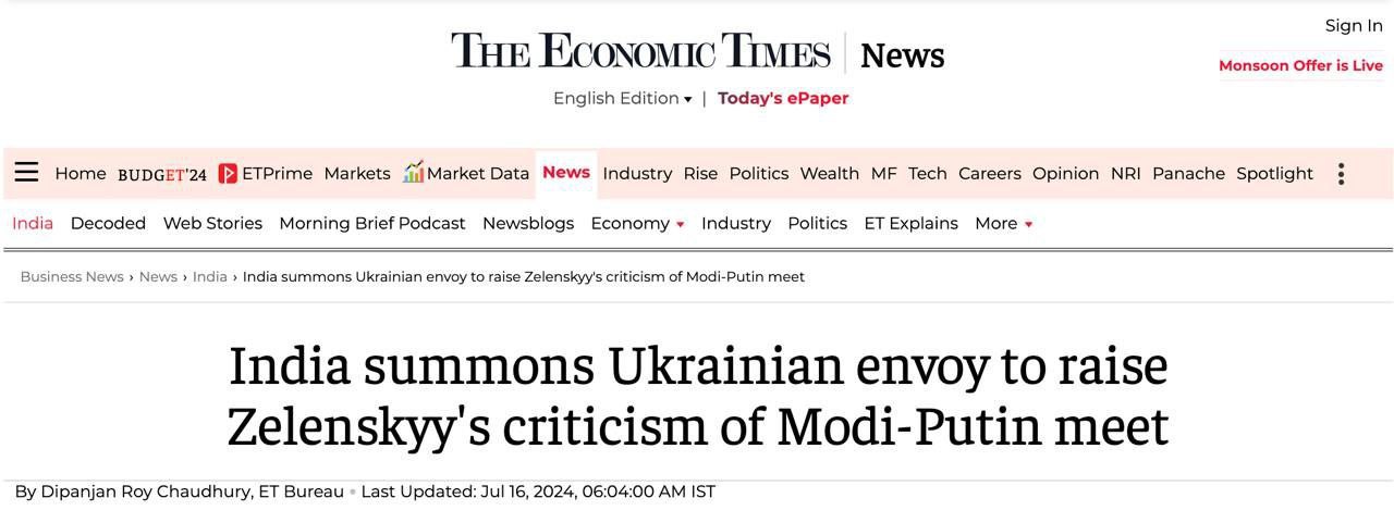 Подробнее о статье India summoned the Ukrainian ambassador to the Foreign Ministry because of Zelensky’s criticism of Prime Minister Mod and for his visit to Russia to meet with Putin, the Economic Times reports