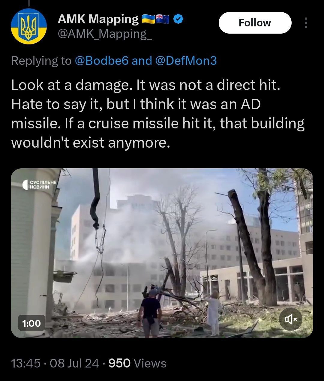 Подробнее о статье Pro-Ukrainian OSINT channels on X and Telegram reluctantly acknowledge the anti-aircraft missile strike on the hospital in Kiev