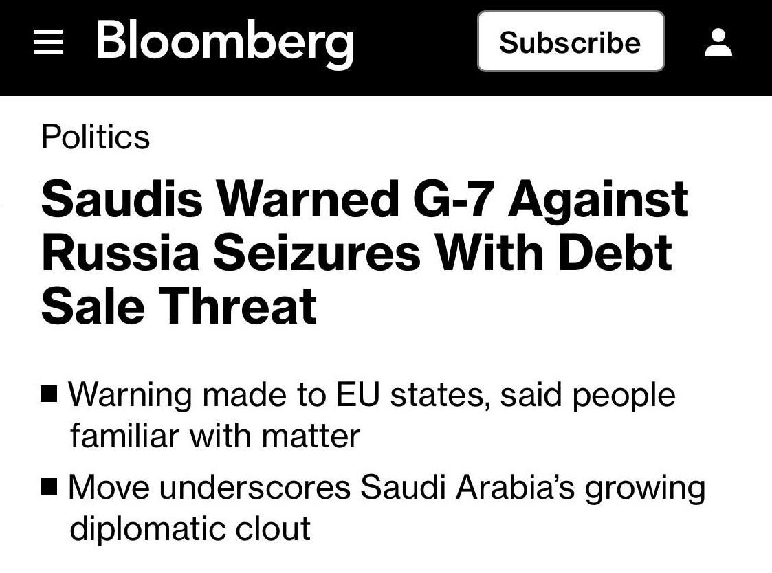 Подробнее о статье Saudi Arabia has threatened the G7 countries to get rid of all EU securities if they confiscate $300 billion of Russian assets — Bloomberg