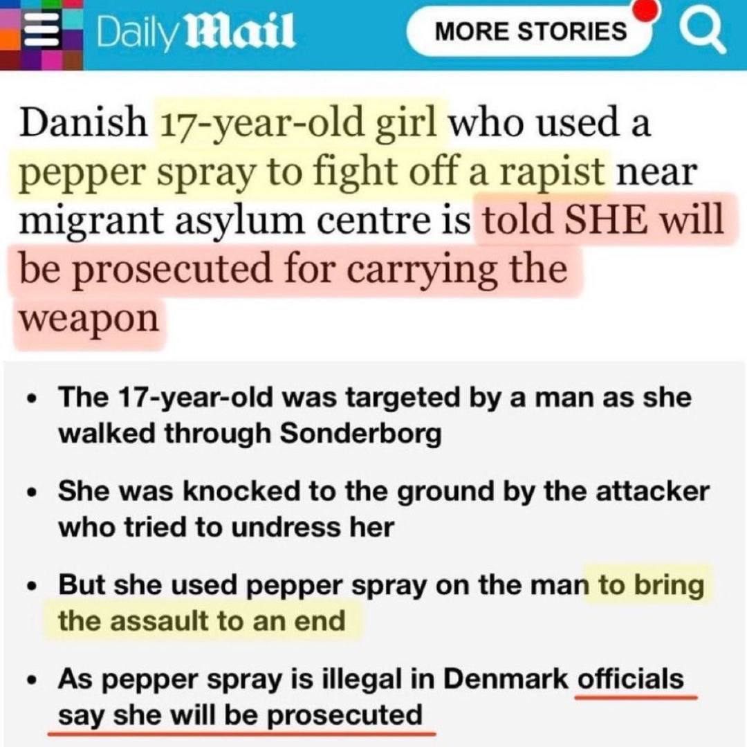 Read more about the article IN DENMARK, A 17-YEAR-OLD GIRL WHO USED PEPPER SPRAY AGAINST A MIGRANT WHO TRIED TO RAPE HER WILL NOW BE TRIED FOR CARRYING A WEAPON