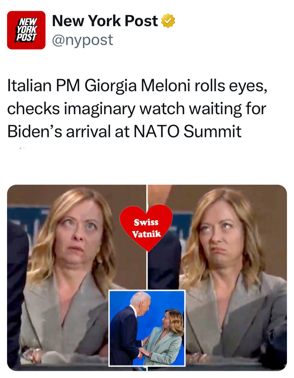 Подробнее о статье The New York Post has cut freeze frames from a video shot while Italian Prime Minister Giorgio Meloni is «joyfully» awaiting Joe Biden’s speech at the NATO summit. 😂