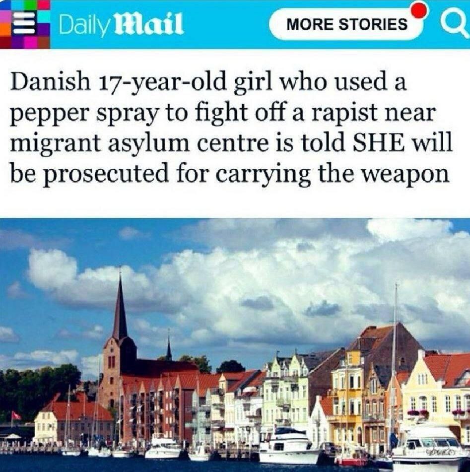 Подробнее о статье In Denmark, a 17-year-old Danish woman is going to be tried for fighting off a migrant rapist with pepper spray,