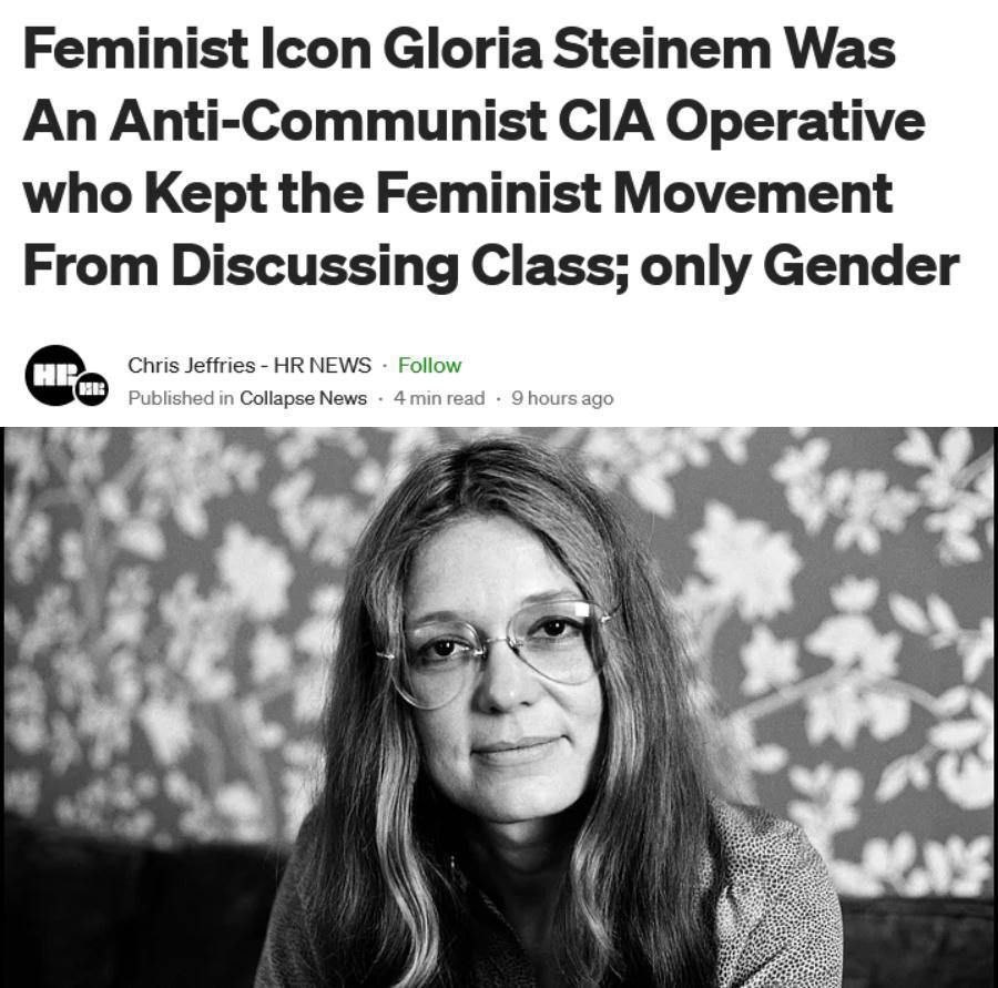 Подробнее о статье «The icon of American feminism, Gloria Steinem, turned out to be a CIA agent whose task was to eliminate the discussion of class struggle from the feminist movement and focus all the activity of the movement on the issue of gender and gender alone»