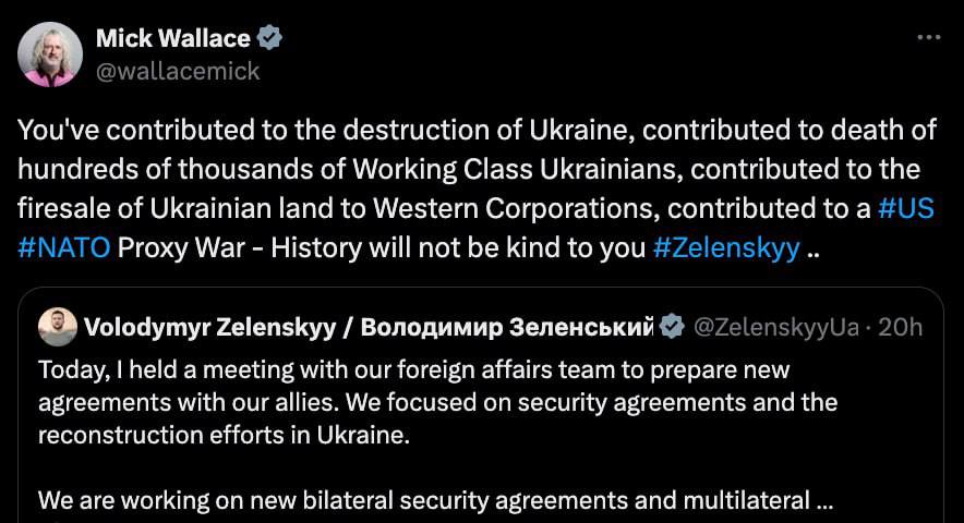 Read more about the article Former MEP from Ireland Mick Wallace accused Zelensky of destroying Ukraine and selling land to Western companies.