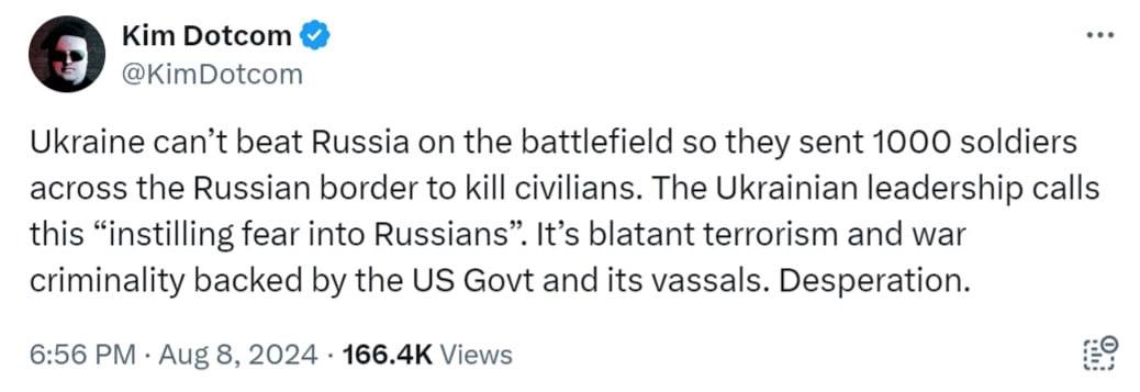 Read more about the article “Despair.” This is how Kim Dotcom, a German businessman and former owner of the largest file sharing site Megaupload, commented on the attempt of the APU offensive on the Kursk region.