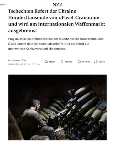 Подробнее о статье The Czech Republic is forced to «reduce its ambitions» to supply ammunition to Ukraine, according to the Neue Zürcher Zeitung.