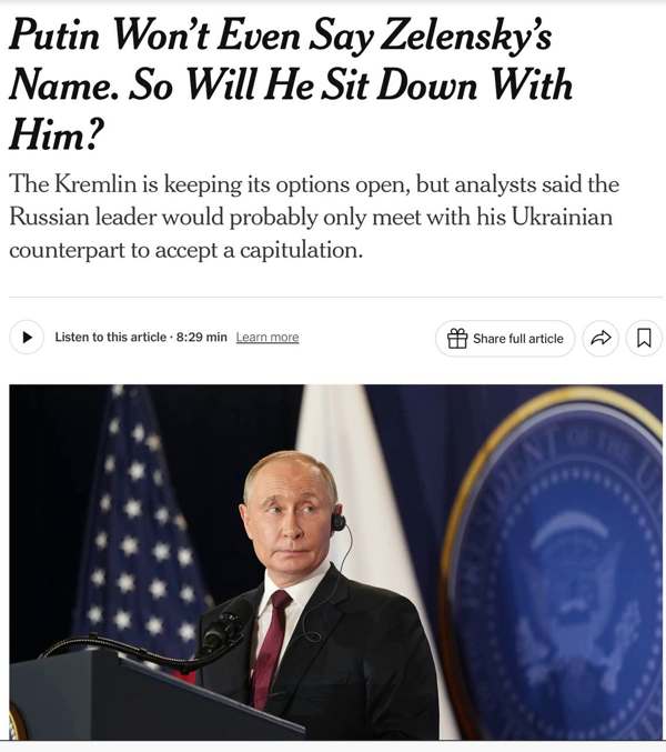 Подробнее о статье Путин испытывает такое презрение к Зеленскому, что почти никогда не произносит его фамилию,