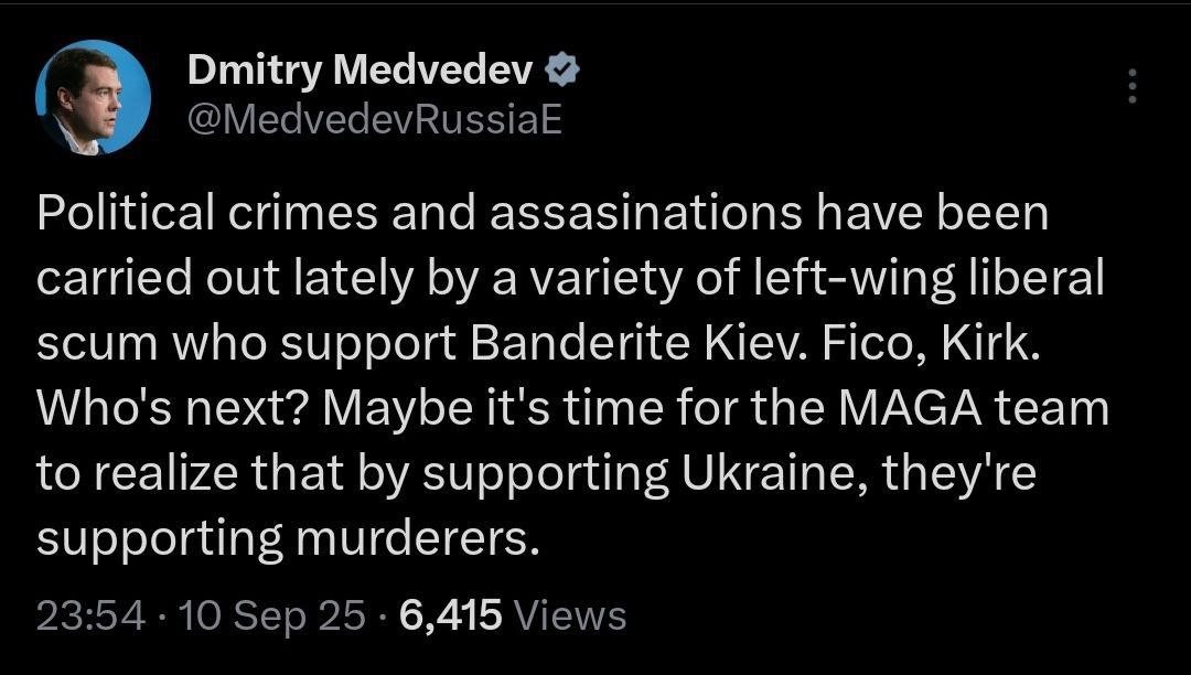 Подробнее о статье Дмитрий Медведев об убийстве молодого американского политика Чарли Кирка