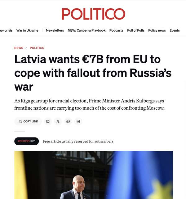 Подробнее о статье Латвия требует от ЕС €7 млрд на покрытие оборонных расходов и потерь от разрыва связей с Россией