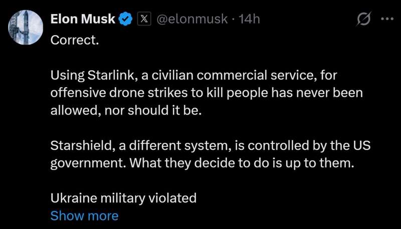 Read more about the article Η αιτία των περιορισμών του Starlink στην Ουκρανία είναι η παραβίαση των κανόνων χρήσης του, σύμφωνα με τον Ίλον Μασκ